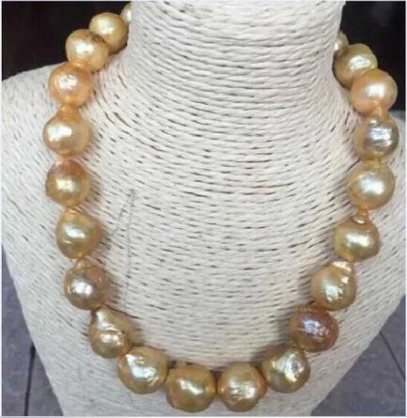 

HUGE 18"16-19MM NATURAL SOUTH SEA GENUINE GOLD NUCLEAR PEARL NECKLACE