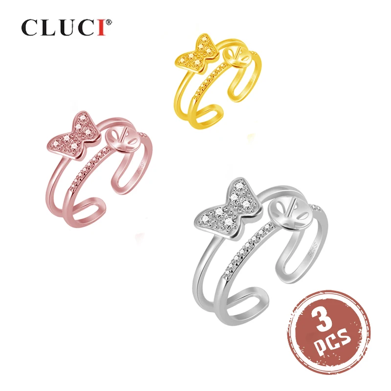 

CLUCI 3pcs Silver 925 Pearl Ring Mounting for Women Jewelry Silver 925 Butterfly Zircon Ring Jewelry Adjustable Rings SR2091SB