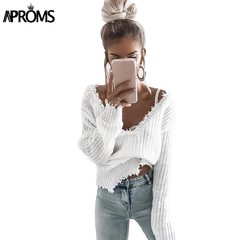 Aproms женский белый вязаный укороченный пуловер, Aproms женский белый вязаный укороченный пуловер на осень и зиму с глубоким v-образным вырезом, кисточками и длинными рукавами