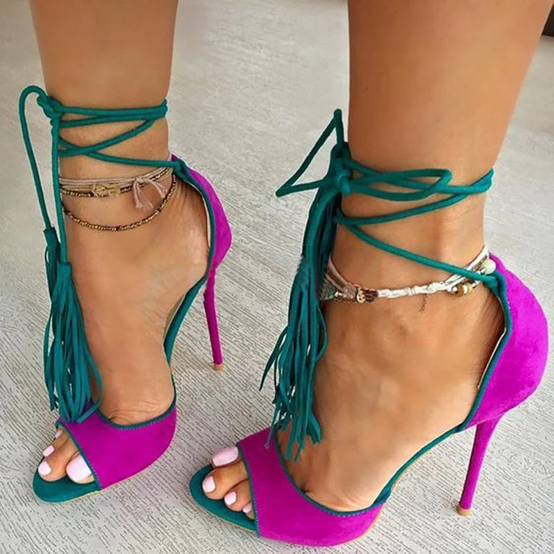 

Hot Selling Fuchsia Suede Leather Lace-up Fringe Gladiator Sandals Color Matched Tassels Thin High Heel Sandals Real Pictures