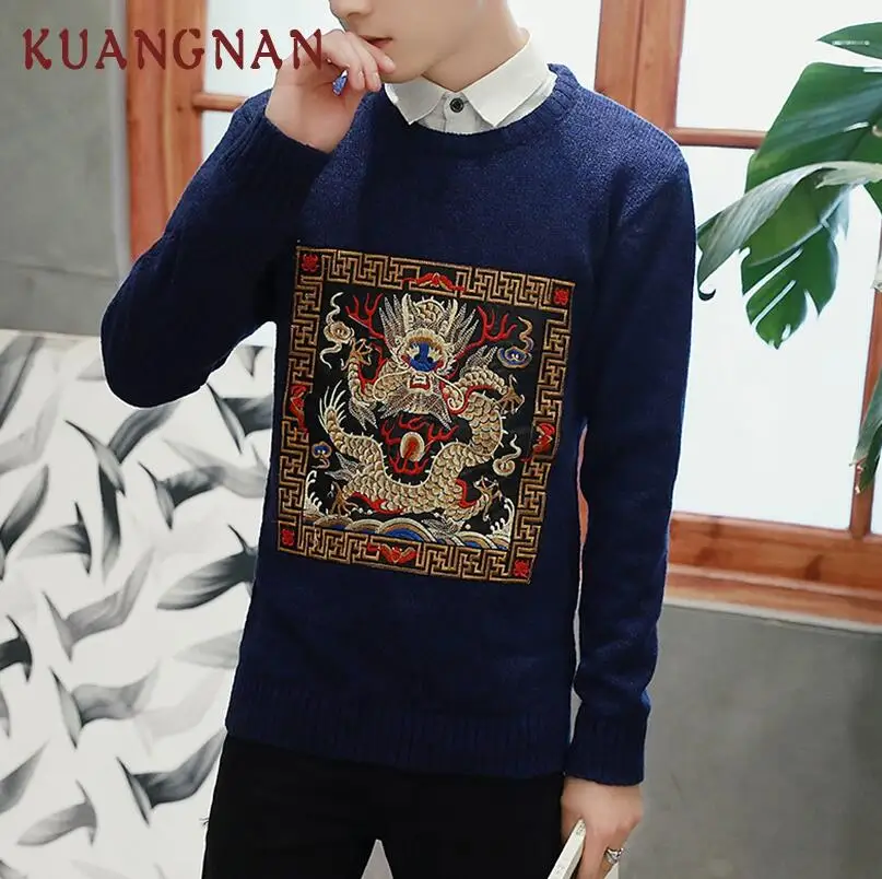 Navy Blue KUANGNAN подвеска дракон вышивка вязаный мужской свитер пуловер человек 5XL пуловер зимний свитер для мужчин Pull мужской свитер - Цвет: Navy Blue