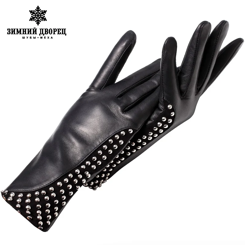 Натуральная Кожа glovePunk стиль перчатки женские Моды кожаные перчатки теплые перчатки зима Популярный стиль перчатки женщин заклепки дизайн - Цвет: Black