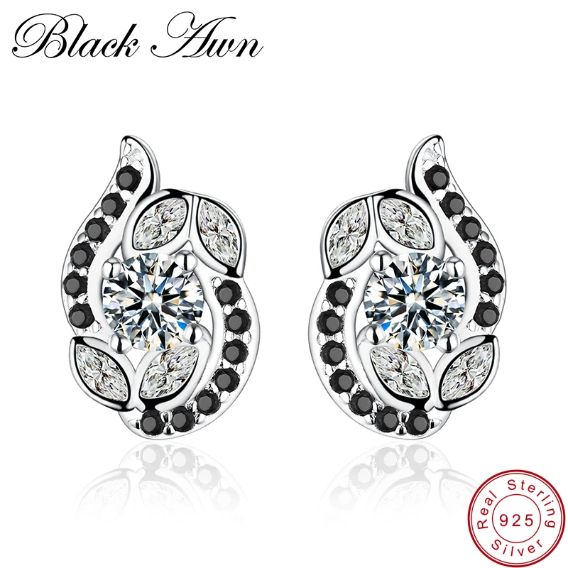 

[BLACK AWN] 100% Genuine 925 Sterling Silver Jewelry Black Spinel Stone Flower Cute Engagement Stud Earrings for Women T138