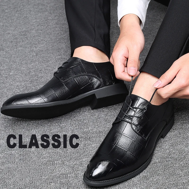 M-anxiu Fashion Plaid Pattern Leather Derbies Shoes Men Pointed Toe Lace Up Business Formal Dress Black Gray Brown | Обувь