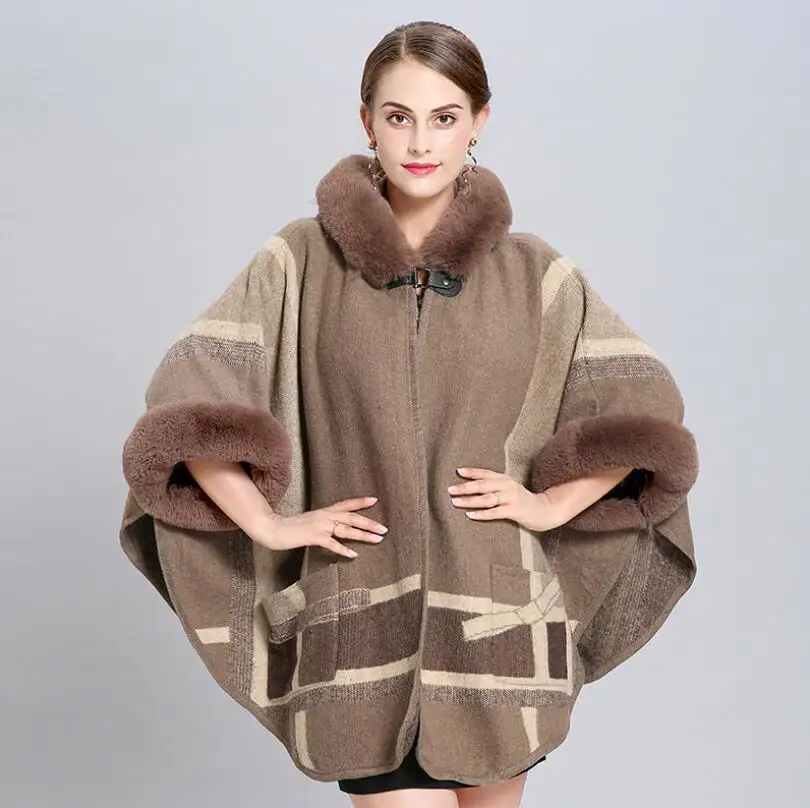 Европейский осенне-зимний Свободный кардиган с меховым воротником Вязаная Шаль