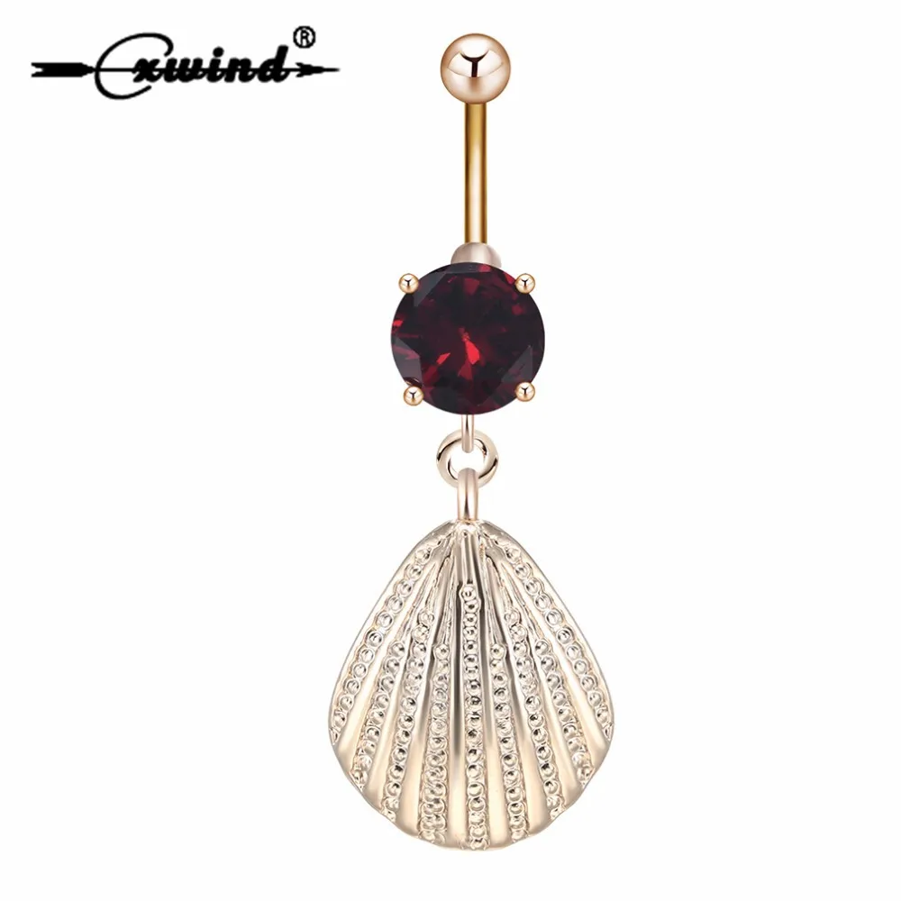 

Cxwind Red Crystal Dangle Stainless Steel Navel Rings Charm Shell Dangle Belly Button Ring Navel Piercing Jewelry