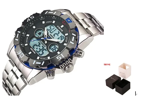 blue with box Stryve 8011 Роскошные брендовые водонепроницаемые военные спортивные часы мужские Цифровые кварцевые часы из нержавеющей стали с двойным дисплеем montre homme - Цвет: blue with box