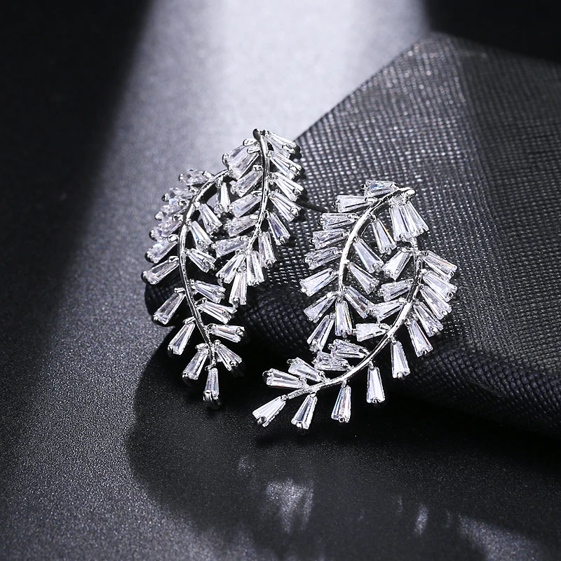 Emmaya Luxury Two Feather Leaf Climber Stud Earrings AAA Cubic Zirconia For Women Girls Wedding Party Gifts Jewelry | Украшения и