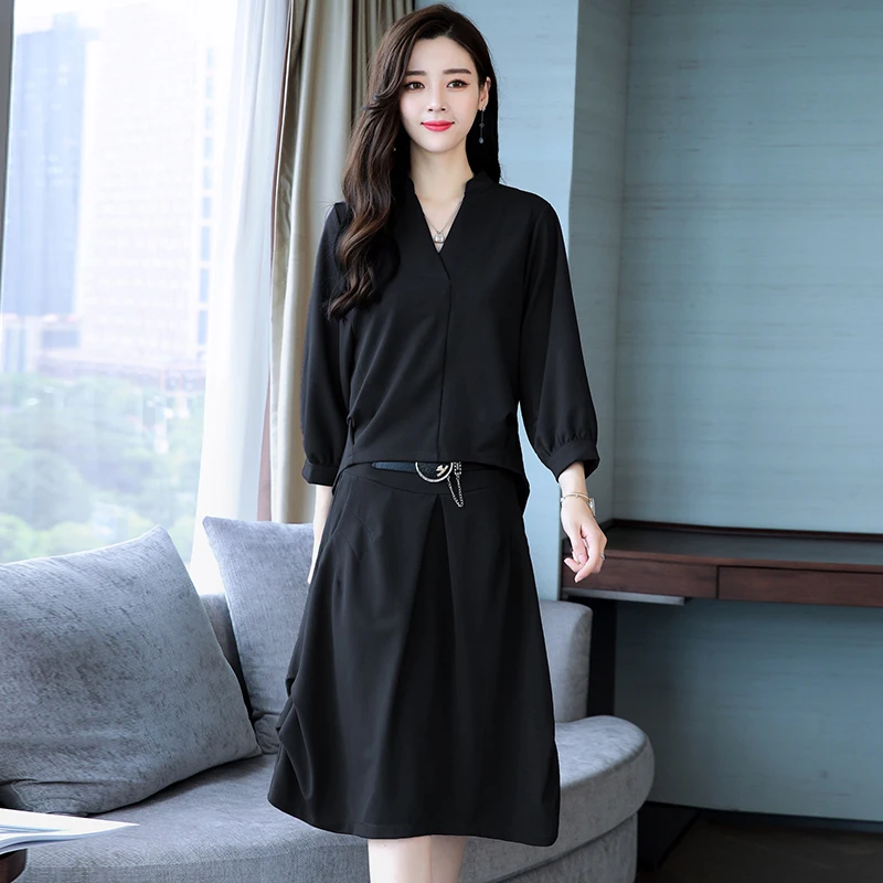 

Bigger Sizes Suit Women Casaul Outfit New Design Short Top & Loose Skirt Korean Fashion Two-Piece Clothing Set Solid Outfit