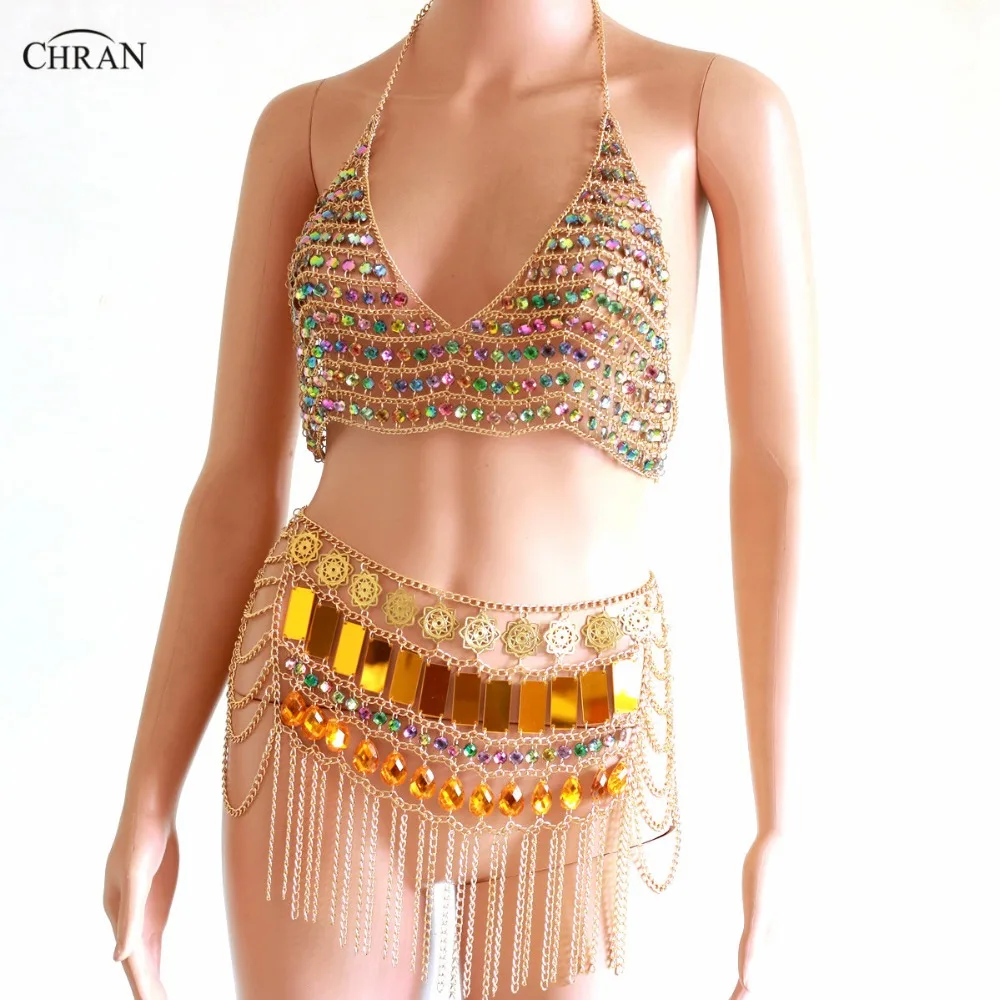 

Chran Gem Metal Chain Hollow Out Tank Top Mini Skirts Women Tassel Backless Nightclub Party Festival Rave Outfit Clothing