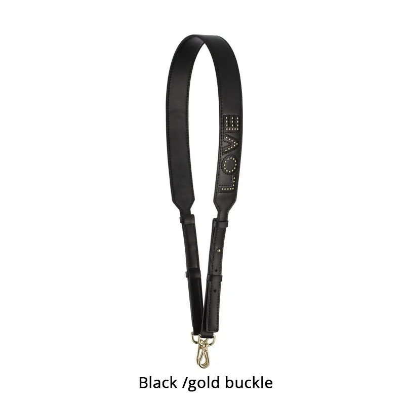 Black gold buckle Широкий плечевой ремень из воловьей кожи с надписью LOVE 103 см-110 см, можно регулировать сумку с заклепками и сердечками, универсальный ремень из натуральной кожи - Цвет: Black gold buckle
