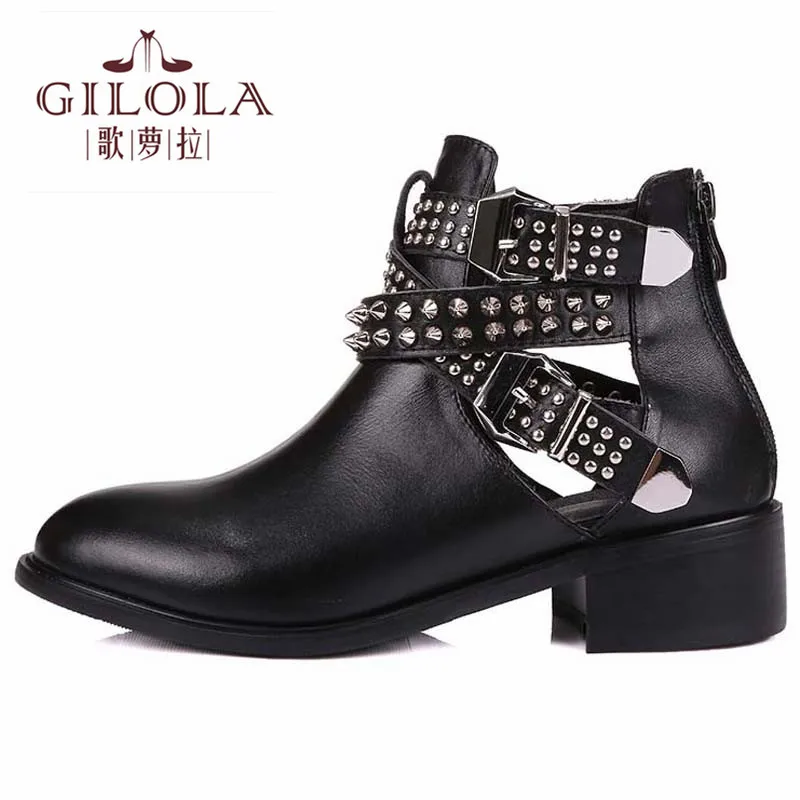 Ботильоны из натуральной кожи на толстом каблуке 4 см женские мотоциклетные