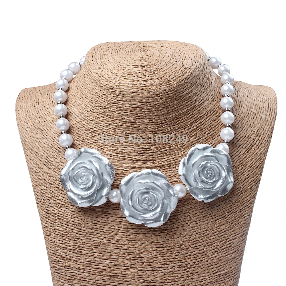 

5pcs/lot New Arrival Boutique Big Rose Flower Necklace Baby Girls Princess Chunky Pearl Bubblegum Necklace For Dress Up