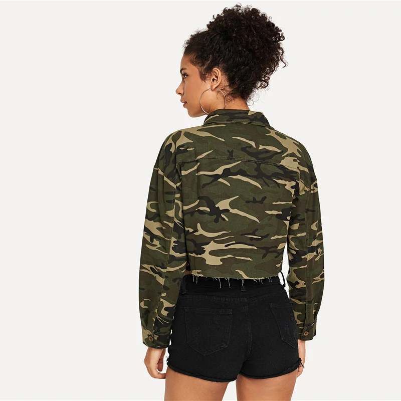 SweatyRocks, укороченная куртка с камуфляжным принтом, уличная одежда, однобортные пальто и куртки, женские повседневные топы с отложным воротником на весну и осень