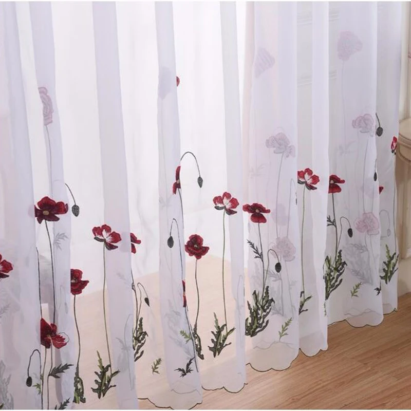 

Classic White Sheer Embroidered Red Flower Curtains Tulle for Living Room Simple Pastoral Window Screen Voile Drapes Bedroom