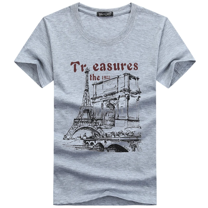 BINYUXD Summer Tops Fashion Eiffel Tower Print Short Sleeve T Shirt Men Casual Cotton Breathable Loose Brand Tees Male | Мужская одежда