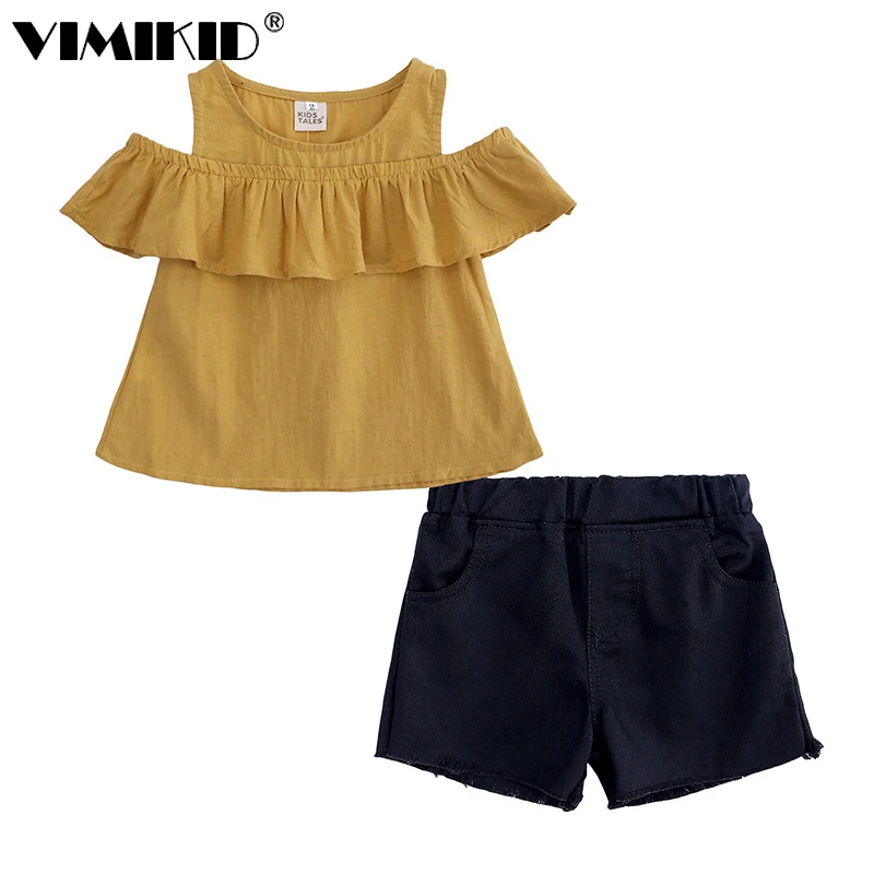 VIMIKID 2018 детская одежда летние девочки с открытыми плечами черный гриб Боковой