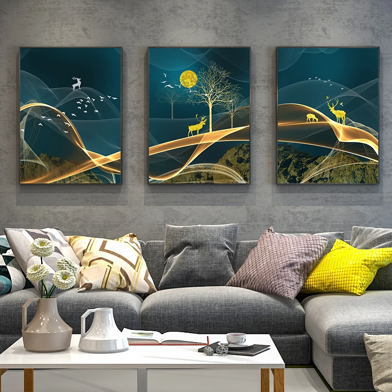 3 шт. абстрактный Золотой олень Луна Пейзаж Hd Печать холст Картина Настенная