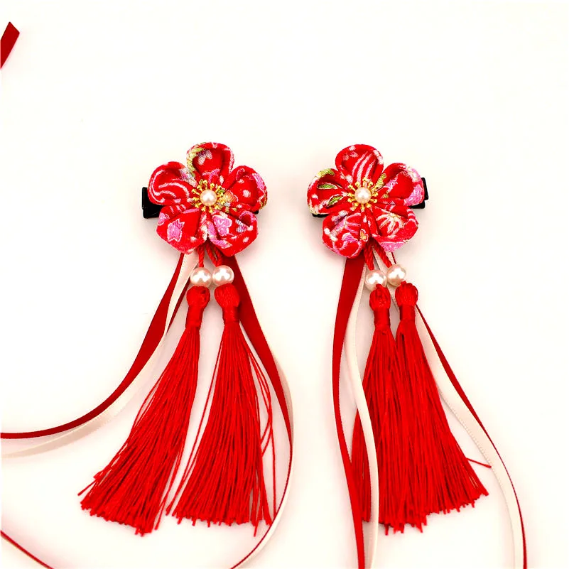Заколки для волос Kanzashi юката ленты кисточки красные розовые девочек цветок