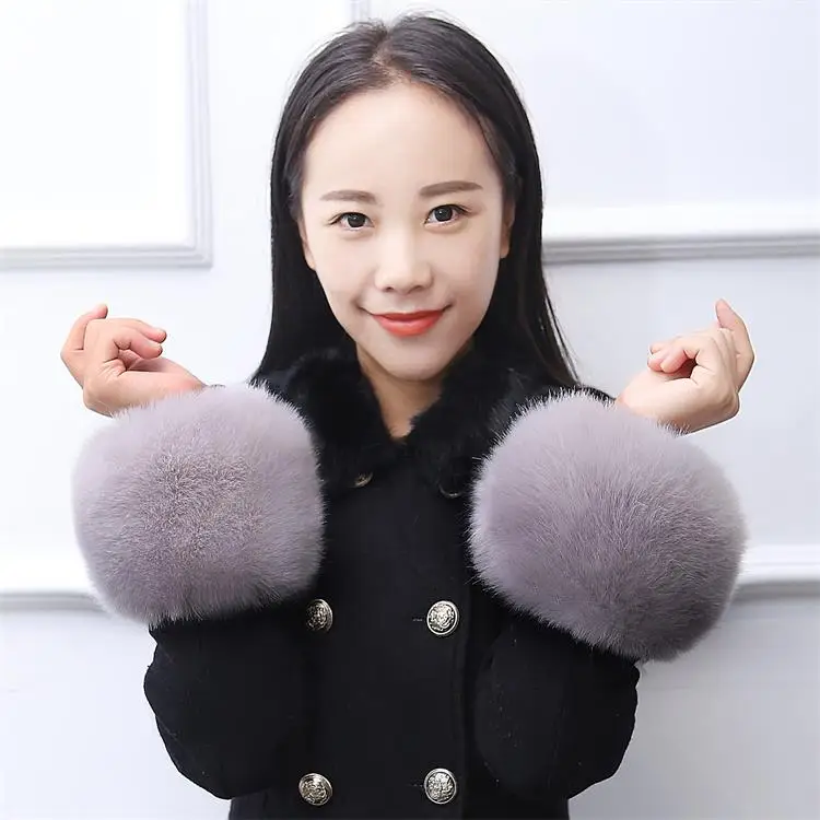 

Thicken Women Winter Warm Wrist Arms Gloves Fox Faux Fur Bracelet Cuff Wristband Plush Elastic Oversleeve Arm Warmmer