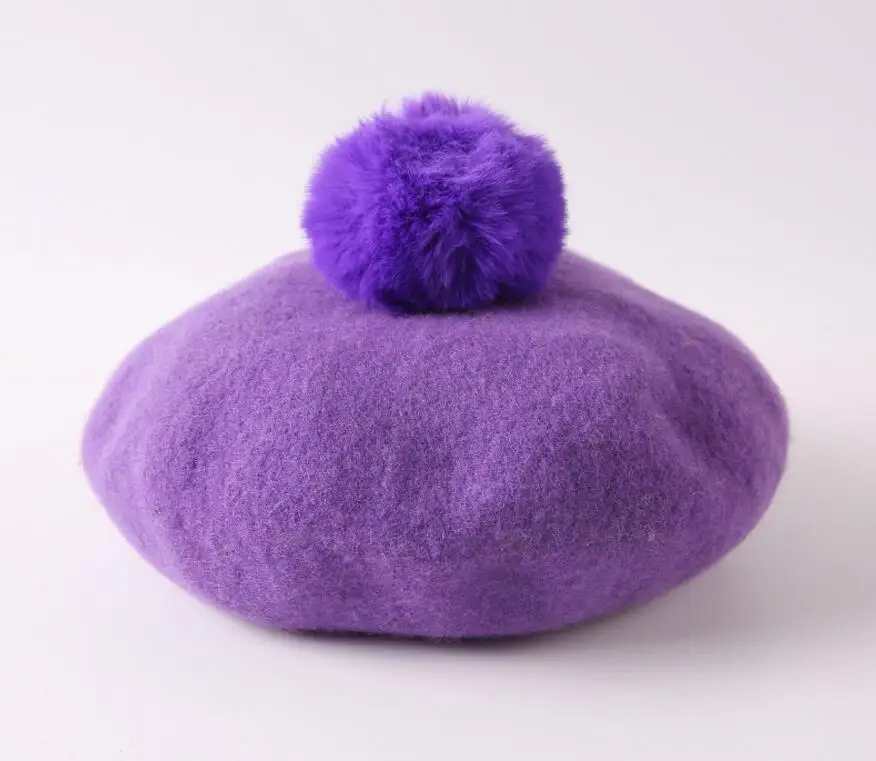 Purple Весенне-осенняя Повседневная Классическая Детская шапка, одноцветная винтажная восьмиугольная береты, круглая мягкая удобная шерстяная шапка для девочек - Цвет: Purple
