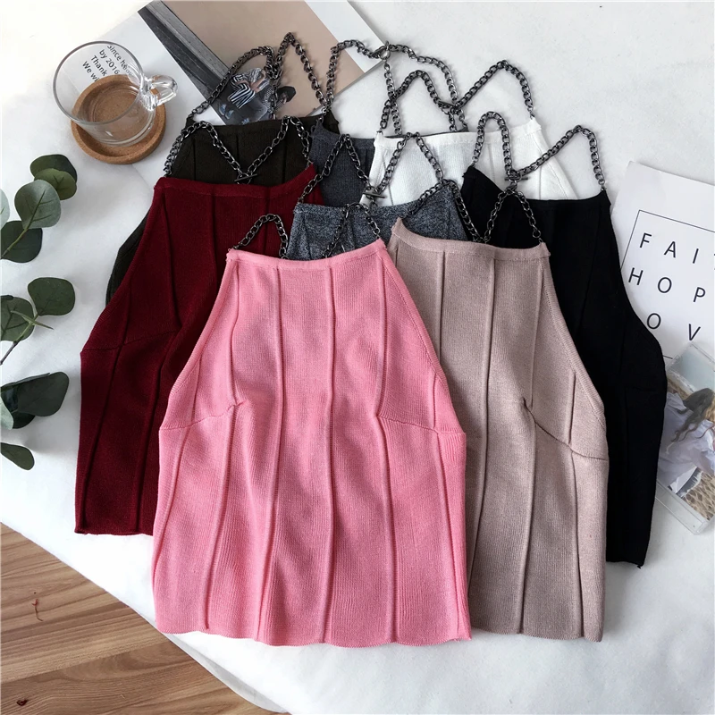 Трикотажные майки Для женщин тонкий Вязание с лямкой на шее; Camisole Топы Женский цепь ремни кроп топы на бретельках, без рукавов, футболки Одежда для девочек