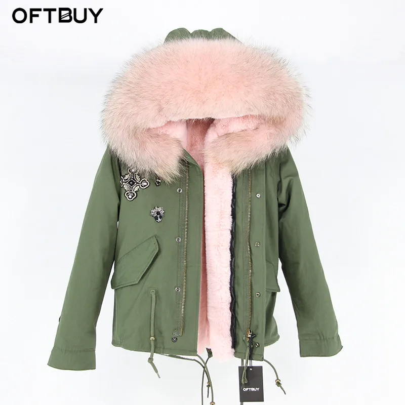 OFTBUY парка с вышивкой бриллиантами цвета хаки, зеленая зимняя куртка, пальто, женские парки, пальто с натуральным мехом енота, воротник теплый - Цвет: 13