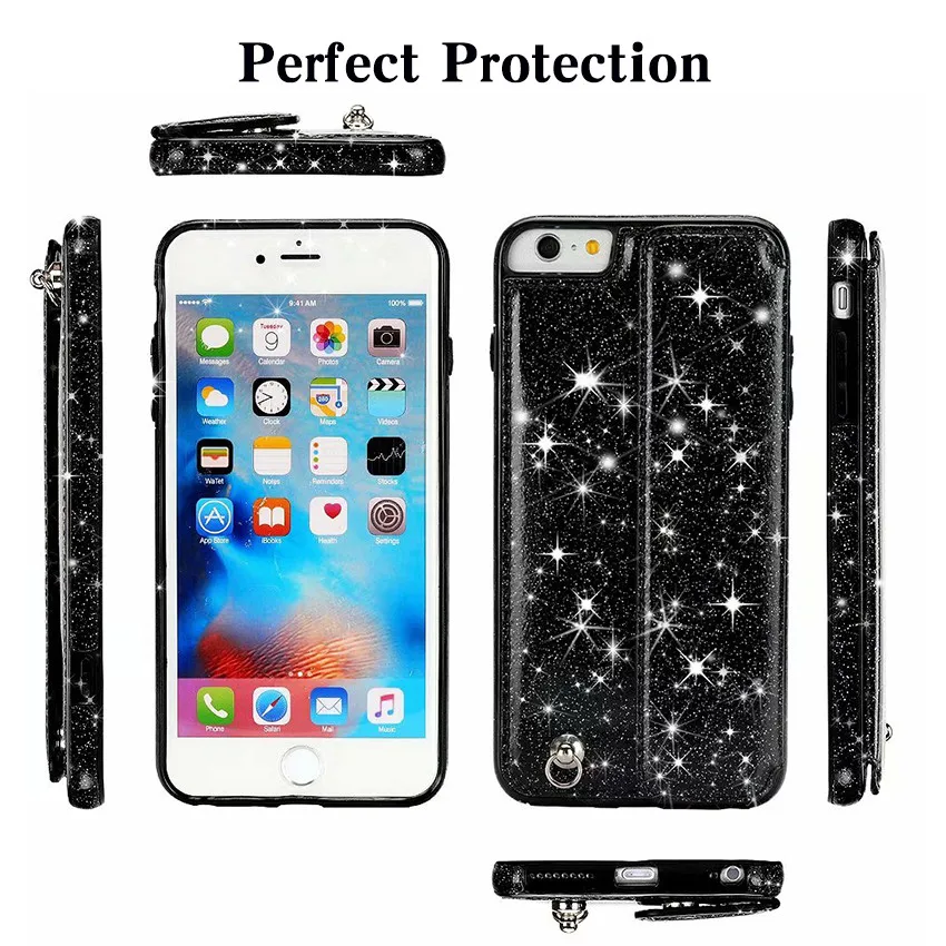 Кошелек чехол для iPhone 6 6s Роскошный розовый золотой блеск кожи телефона ремешок