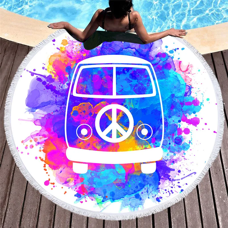 Summer American Hippie Peace Bus Beach Towels Watercolor Hand Painted Soft Towel Travel Decoration Gift Picnic Yoga Mat |
