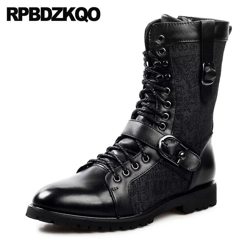 

Runway Fur Winter Military Vintage Motorcycle Boots Italian Mid Calf Zipper Lace Up Army Combat Patchwork Black Shoes Men Korean