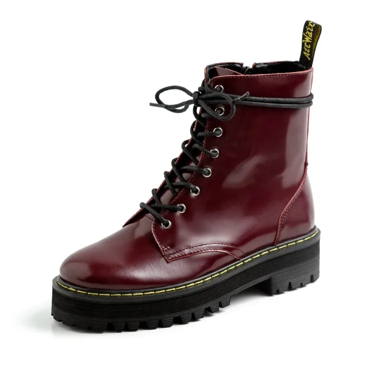 Женские ботинки с круглым носком Maroon Яркие Кожаные ботильоны массивной подошвой