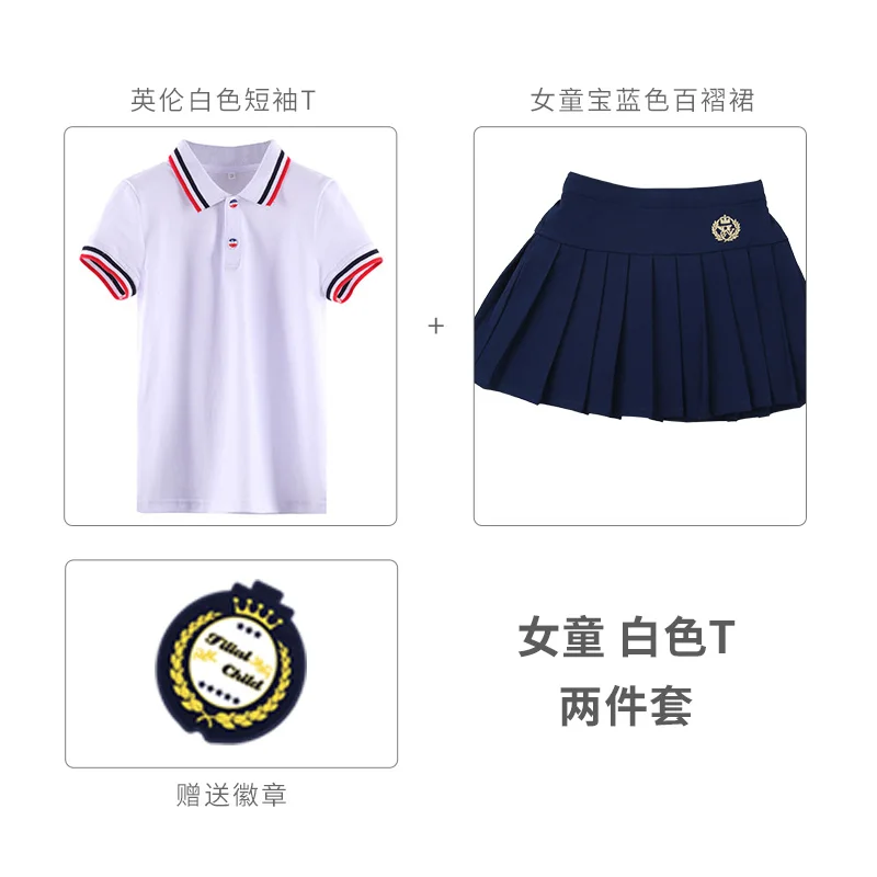white navy skirt Новая мода высокое качество средней школы Студенческая форма обувь для мальчиков Корея studens юбка и полор рубашка комплект хлопок - Цвет: white navy skirt