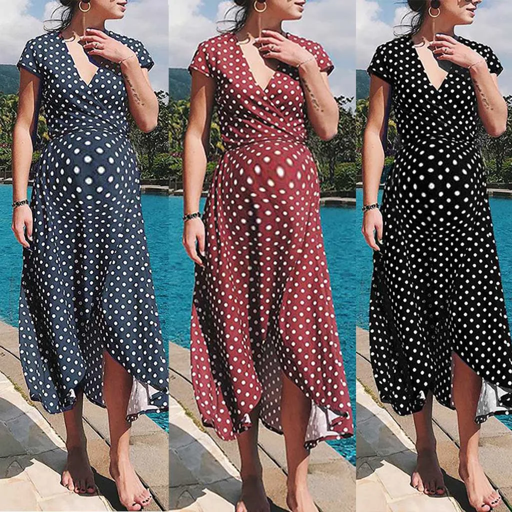 Женское платье с принтом в горошек длинное коротким рукавом для беременных лето