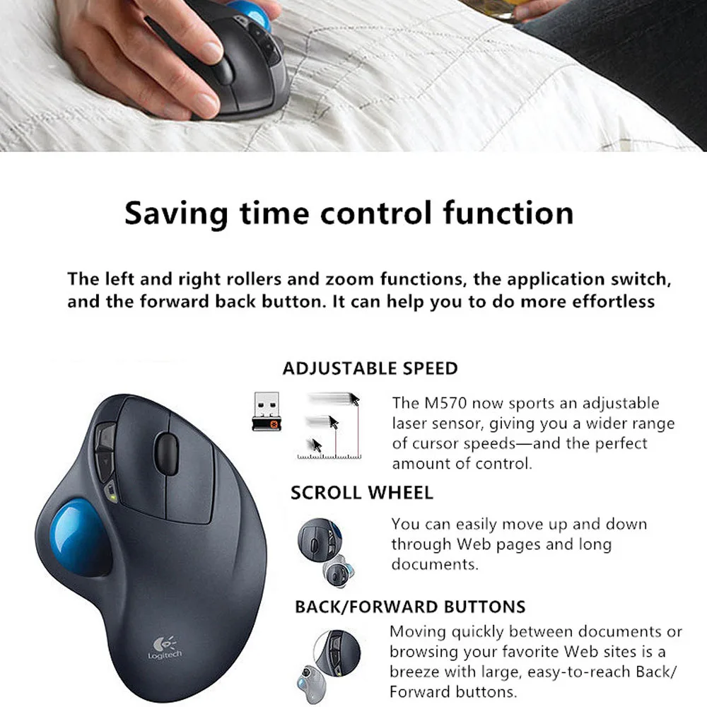 Logitech M570 2,4G Беспроводной мышь с трекболом эргономичная Вертикальная Профессиональный рисунок лазерные мыши для Win10/8/7/vista