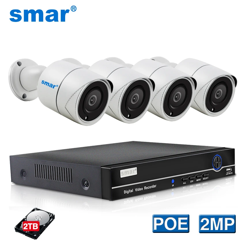 Smar H.265 безопасности Камера Системы 4CH 1080P POE NVR Kit 2.0MP металлическая уличная IP набор