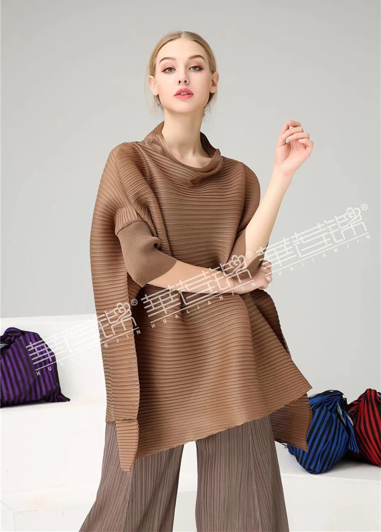 Changpleat Весенняя свободная Асимметричная Женская футболка Топы Miyak плиссированные модные футболки со стоячим воротником и рукавами летучая мышь большого размера - Цвет: Khaki