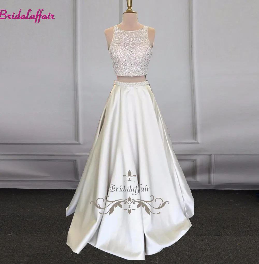 Vestido De formatura красивые горячая Распродажа платьев с длинными серебристого цвета из двух предметов платье для выпускного вечера Для женщин бисера атласное торжественное Вечеринка платье