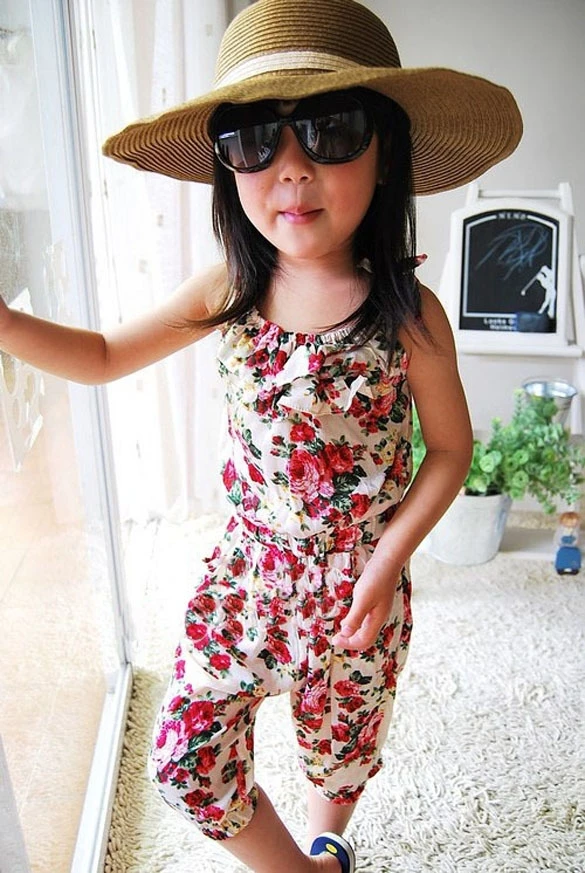 2014 New Children Jumpsuit/Girls Toddler Rompers/Short Playsuit/Kids Summer Floral Soft One-piece Clothing White&ampBlue B2 16339 | Мать и