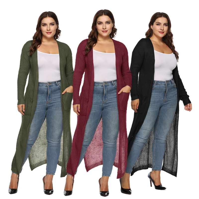 PGSD Big size Women Clothes Simple pure color Long sleeves pocket Thickened long knitted Forking sweater Cardigan female XXXL |