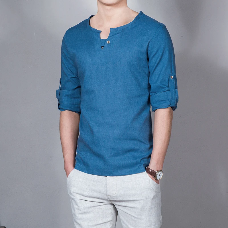 Мужская льняная футболка летняя однотонная модная индивидуального дизайна