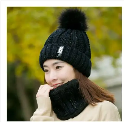 black Hat bib set Теплая вязаная зимняя женская шапка для девочек, шерстяные шапочки Skullies с буквой B, бархатная шапка, шапка-маска, Женская Балаклава, шарф, шапка - Цвет: black Hat bib set