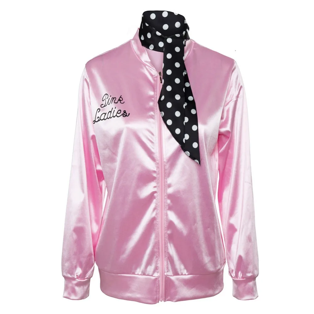 High Quality Grease Costume Child Girl Pink Retro Trench Satin Coat Jacket Fancy Dress Halloween Cosplay Cheerleader Uniform