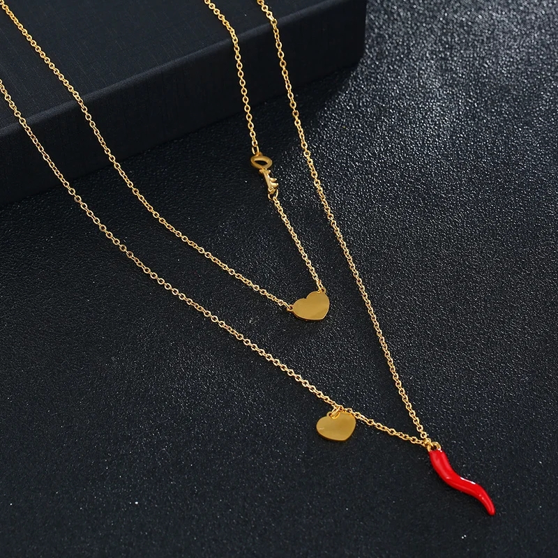 

Red Enamel Chili Stainless Steel Necklaces women Loving Heart key Chili Pendants Necklace Gold/Silver Color Jewelry