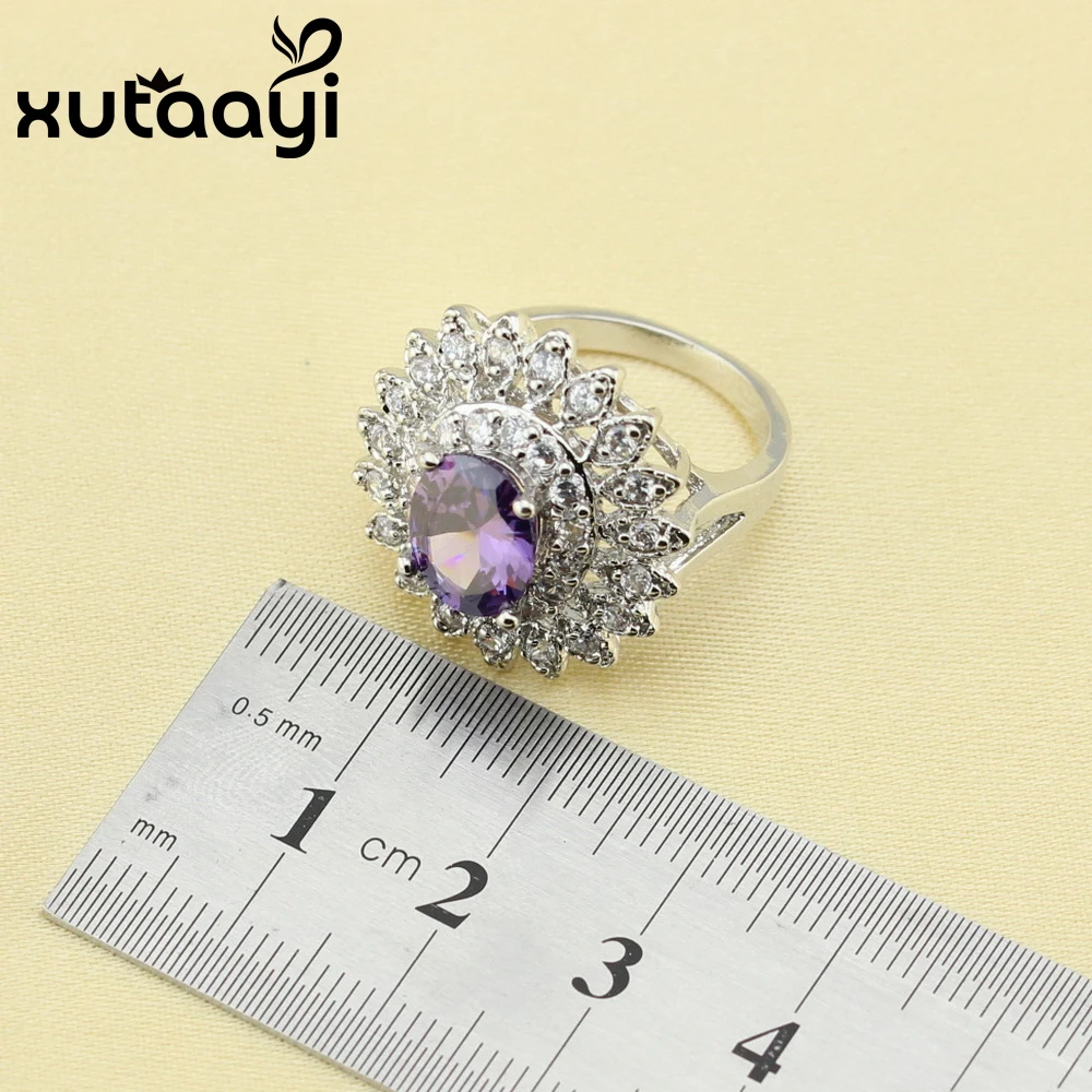 XUTAAYI 4PCS Silver colorcolor Jewelry Set Flower Purple Zircon Earrings Ring Necklace Pendant Bracelet Christmas Gift | Украшения и