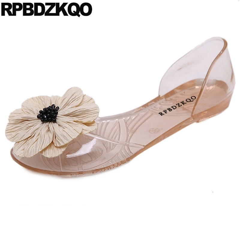 

Designer Korean 2021 Women Transparent Sandals Cheap Peep Toe Floral Cute Jelly Ladies Beautiful Flats Shoes Applique Flower