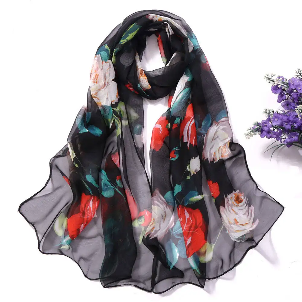 

2019 Fashion Summer Women Silk Scarf Floral Print Beach Pareo Scarves Thin shawls and wraps Hijab female foulard soie bufanda