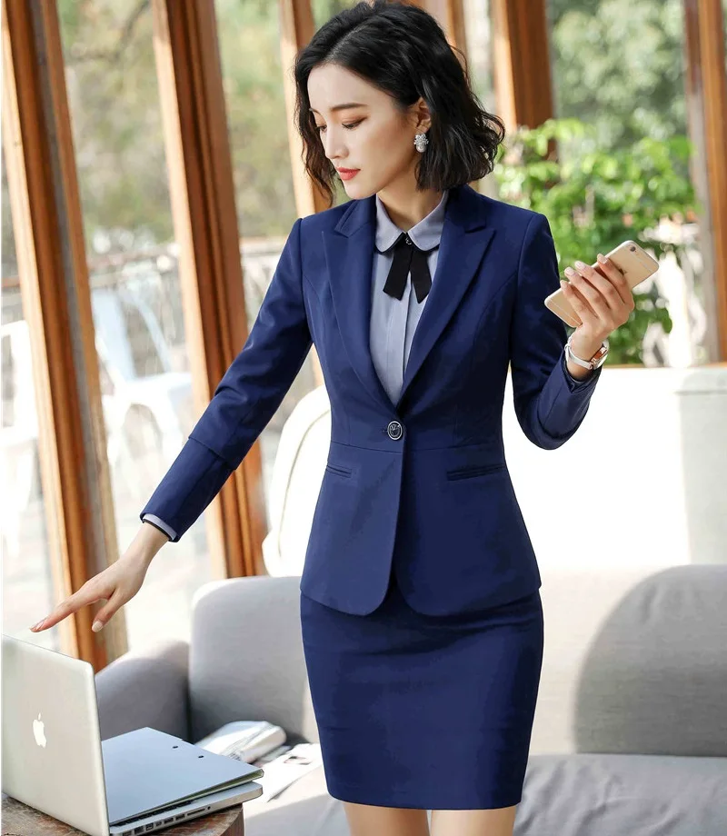 

Elegant Gray Formal Uniform Designs Professional Blazers Suits With Jackets And Skirt For Women Office Work Wear Blazers Sets