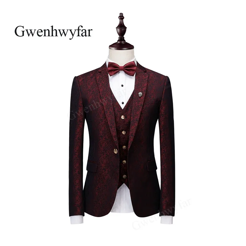 Gwenhwyfar 2018 осенний Новый Темно Красный смокинг с узорами для мужчин модный стиль