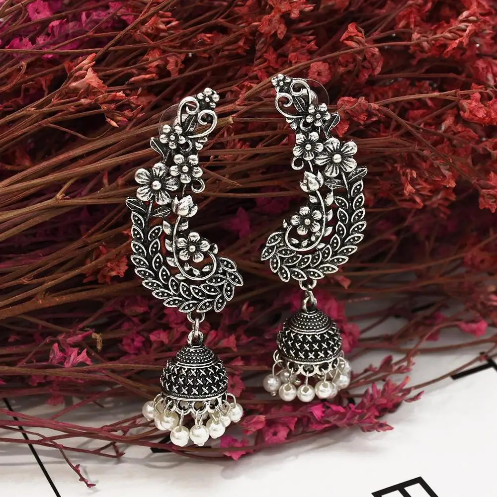 

Classic Bollywood Oxidized Jewelry Gypsy Turkish Tribe Afghan Long Chain Tassel Bead Peacock Kundan Jhumka Indian Drop Earrings