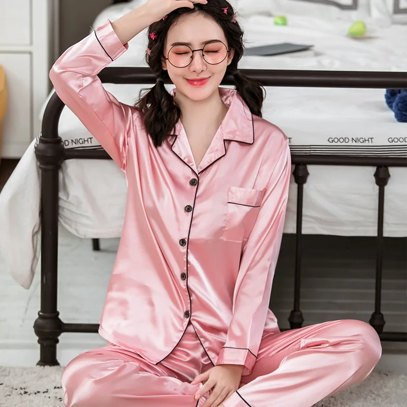 Pink Рождественская Красная атласная пижама, Женская Роскошная Домашняя одежда больших размеров, однотонная с длинными рукавами из сатина, шелковая пижама, комплект, кардиган, осенняя Пижама - Цвет: Pink